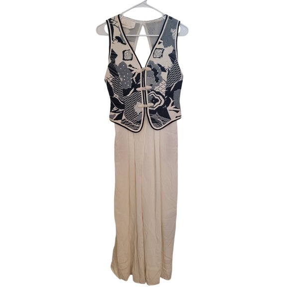 Cache Pants - Cache Vintage Tapestry Vest Jumpsuit One Piece 80S Rhinestone Studded Mesh Panel